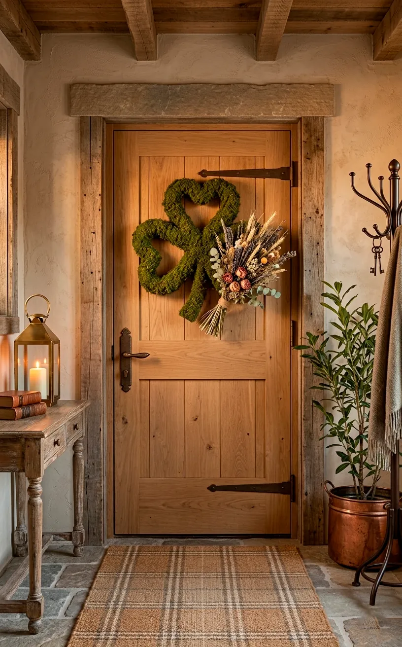Moss shamrock wreath with asymmetrical dried wildflowers on a white oak door.