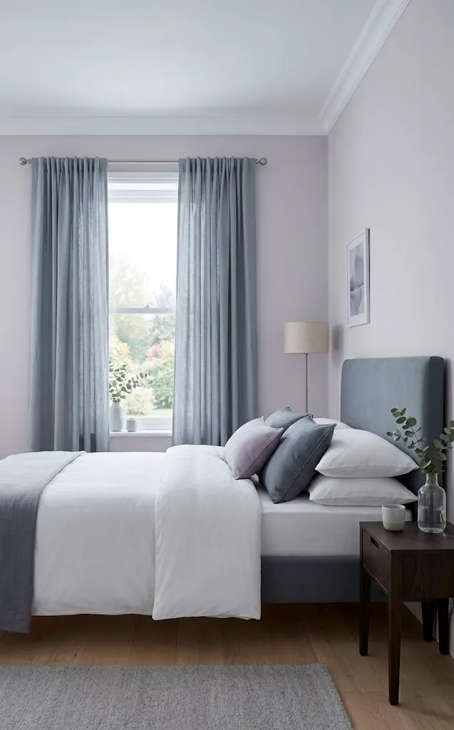 A soothing guest bedroom with dusty lavender walls and a slate grey upholstered headboard.