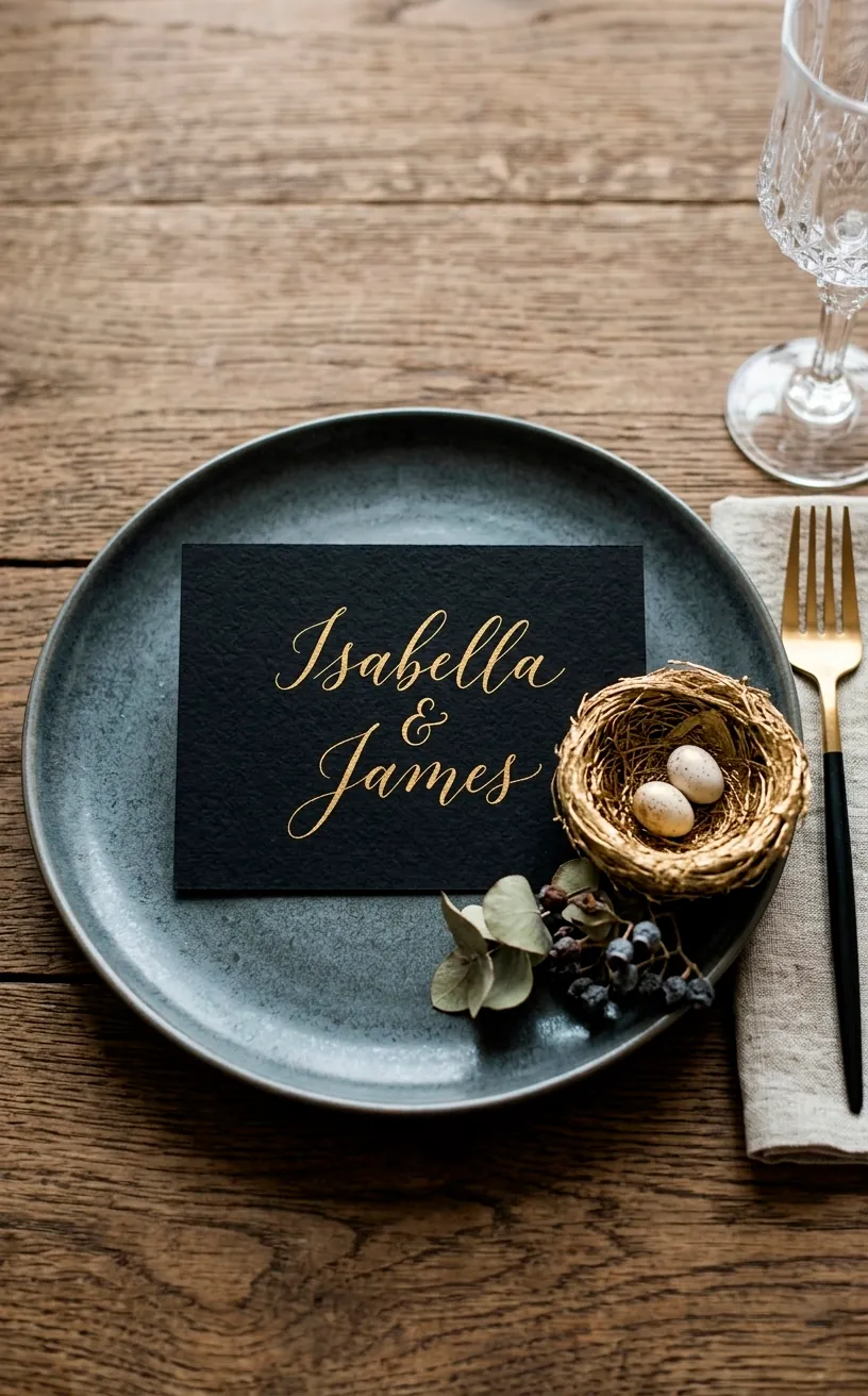 Black place card with gold calligraphy for a formal dinner.