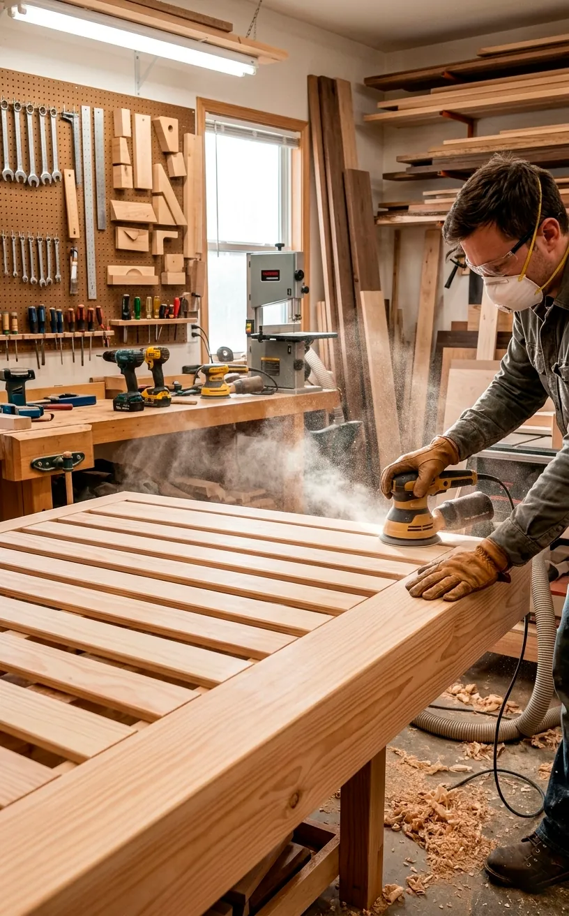 Sanding a custom wooden bed frame with an orbital sander to achieve a smooth finish.