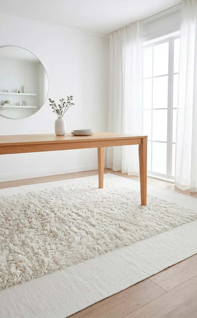 White shag rug layered over a white cotton rug in a bright, modern dining room.
