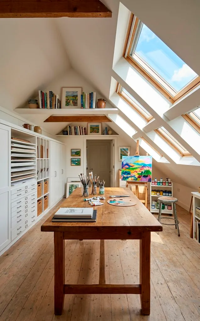 Bright attic art studio with custom flat-file storage and skylights.