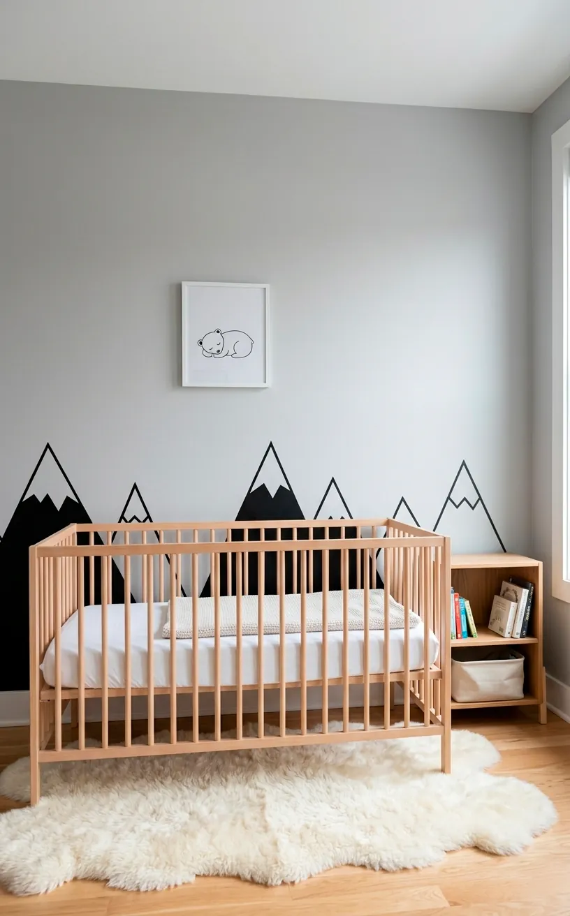 Minimalist nursery with black and white Scandinavian mountain peak decals along a light gray wall.