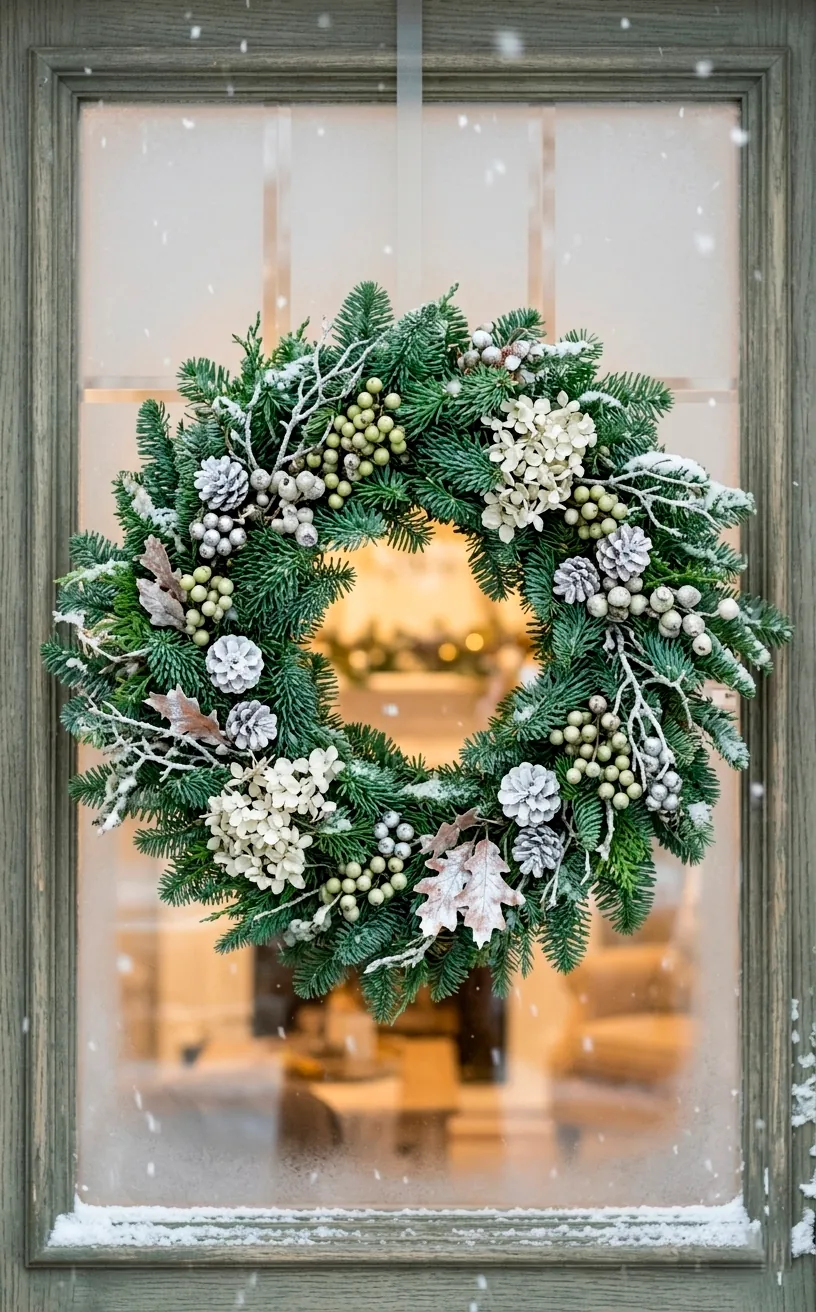 Winter wreath with silver and white accents designed for seasonal longevity.