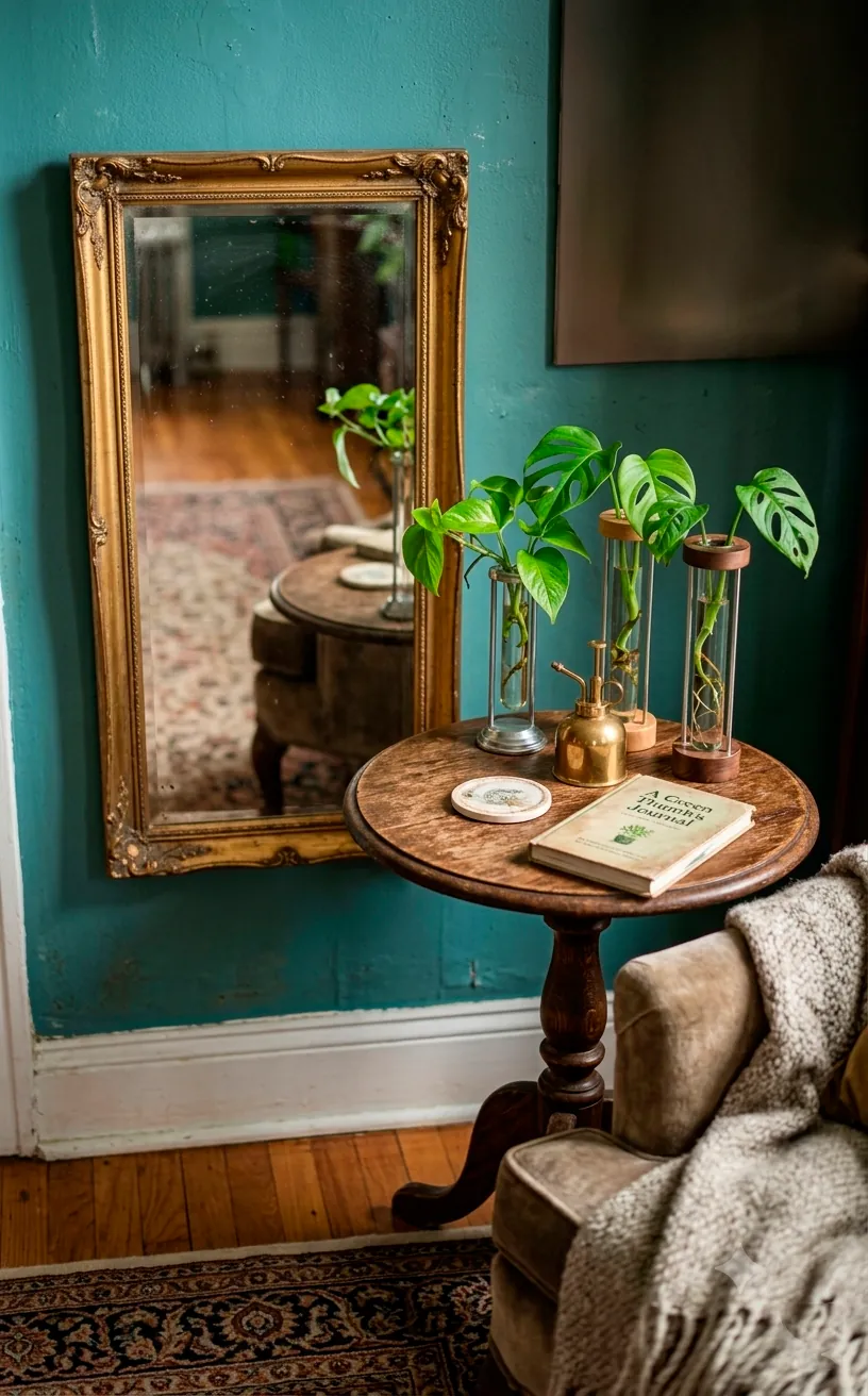 Upcycled vintage side table and glass plant propagation tubes in a sustainable small space decor.