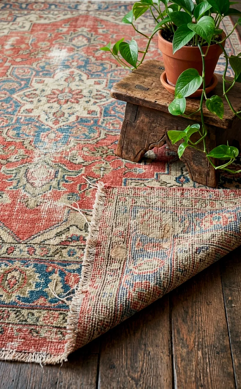 Authentic weathered Persian rug with frayed edges and muted natural dyes.