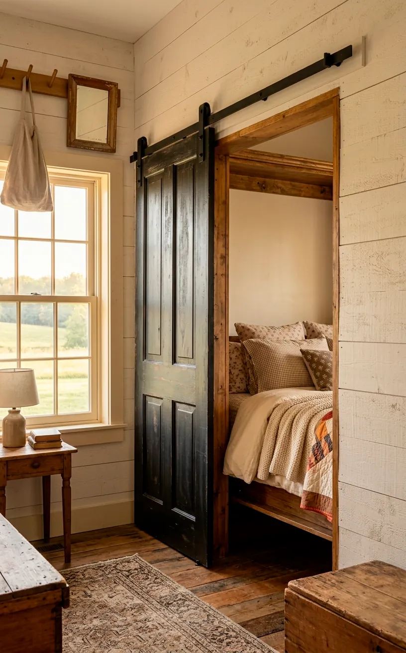 Rustic barn door style Murphy bed with black iron hardware.