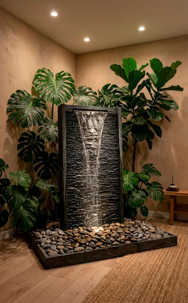 Floor-standing slate water fountain with river stones and tropical plants in a zen living room.