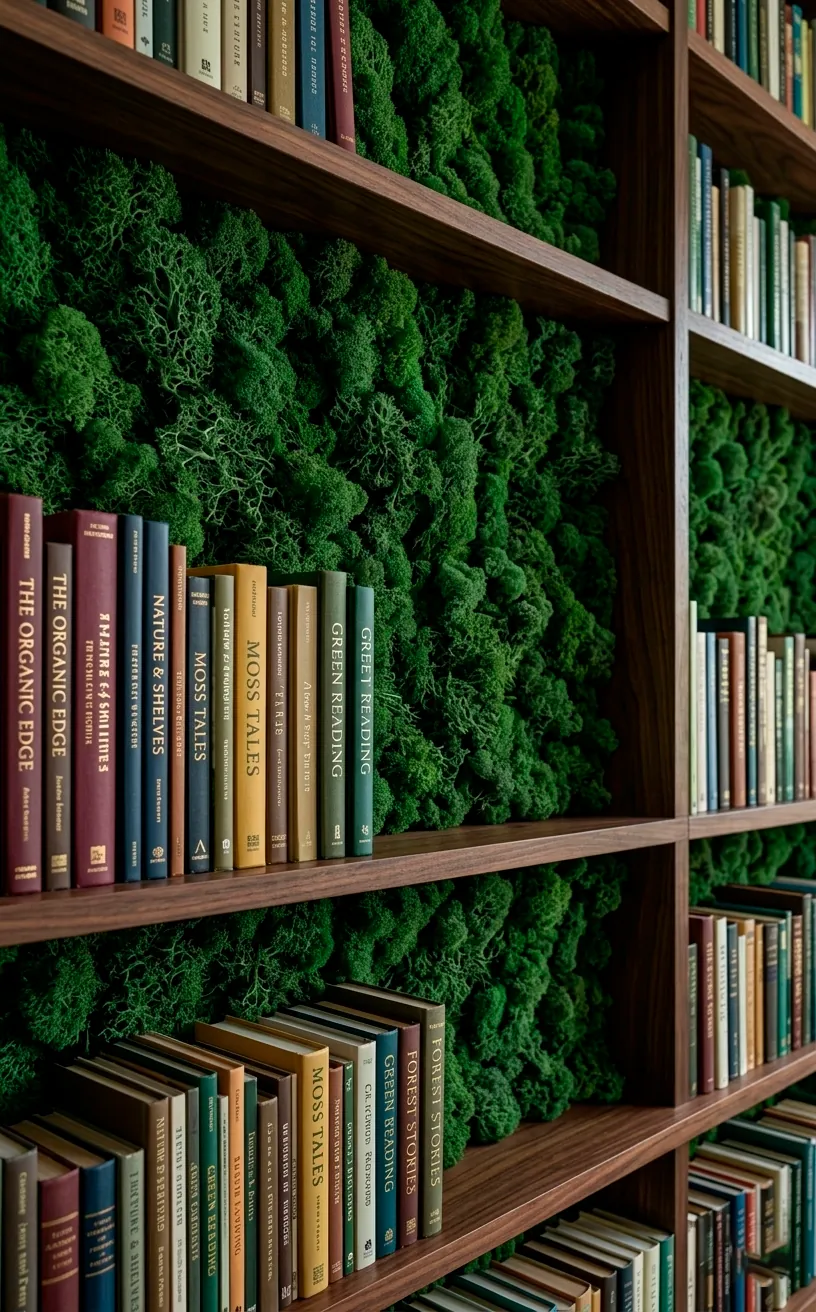 Bookshelf back panel lined with green preserved moss for a biophilic aesthetic.