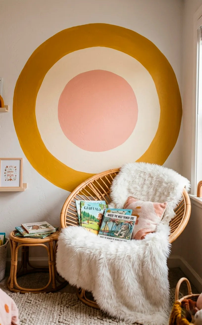 Cozy reading nook with concentric circle wall mural and rattan chair.