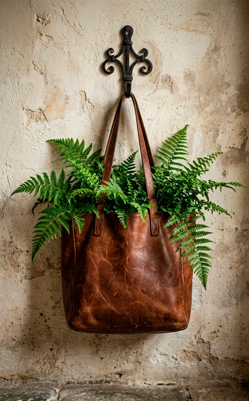 Brown leather bag repurposed as a vertical wall planter with lush green ferns in a moody room.