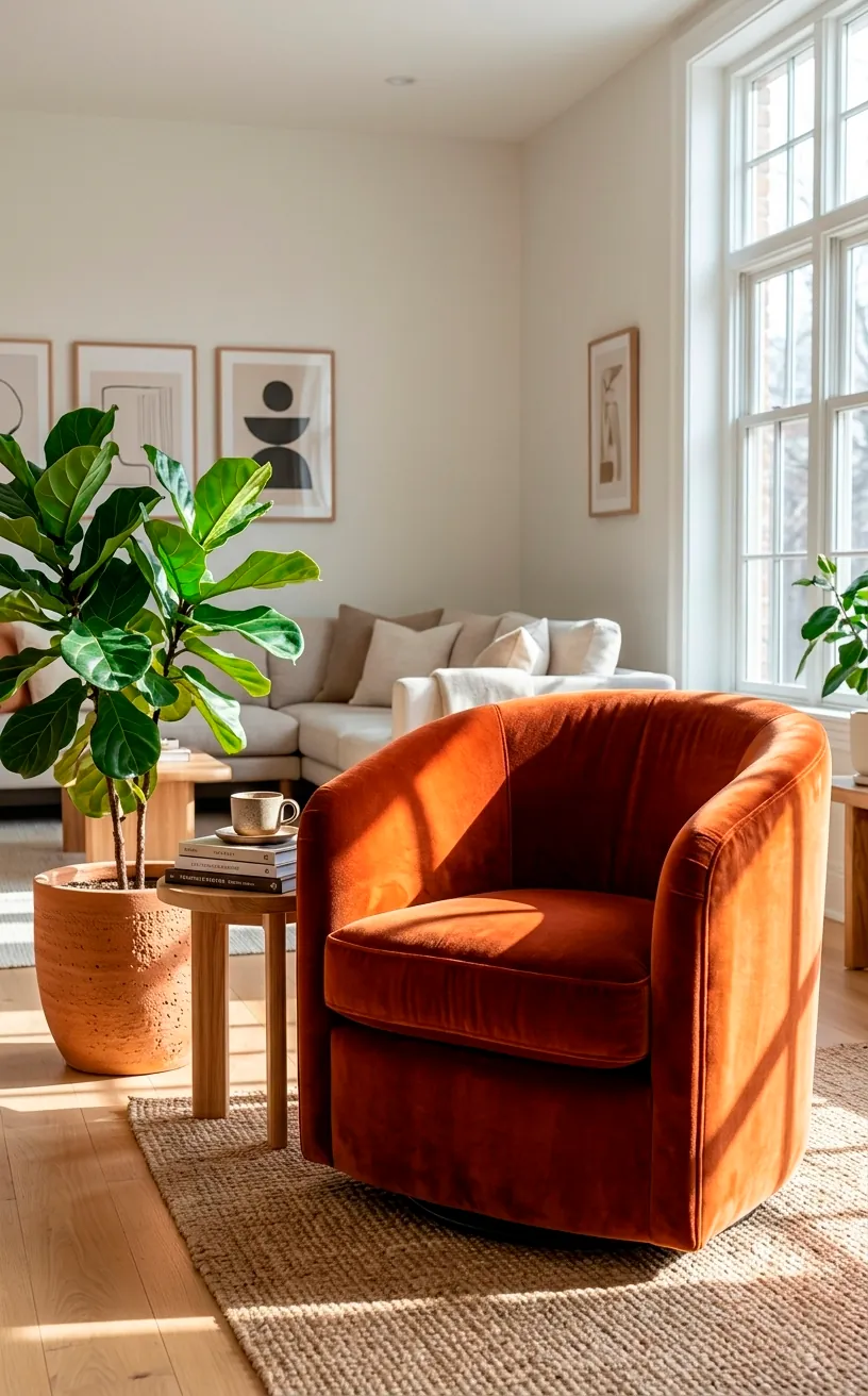 Burnt orange velvet barrel chair with sunlight reflecting off the fabric.
