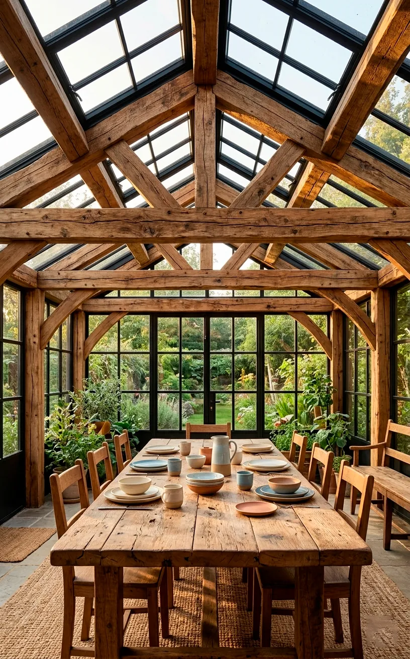 Sunroom ceiling with reclaimed wood beams and black steel frames over a dining area.