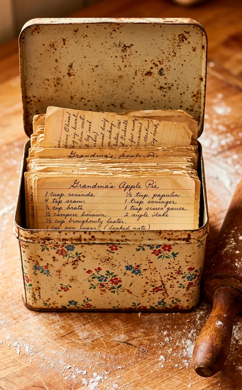 Vintage floral metal recipe tin with handwritten recipe cards on a floured wooden table.