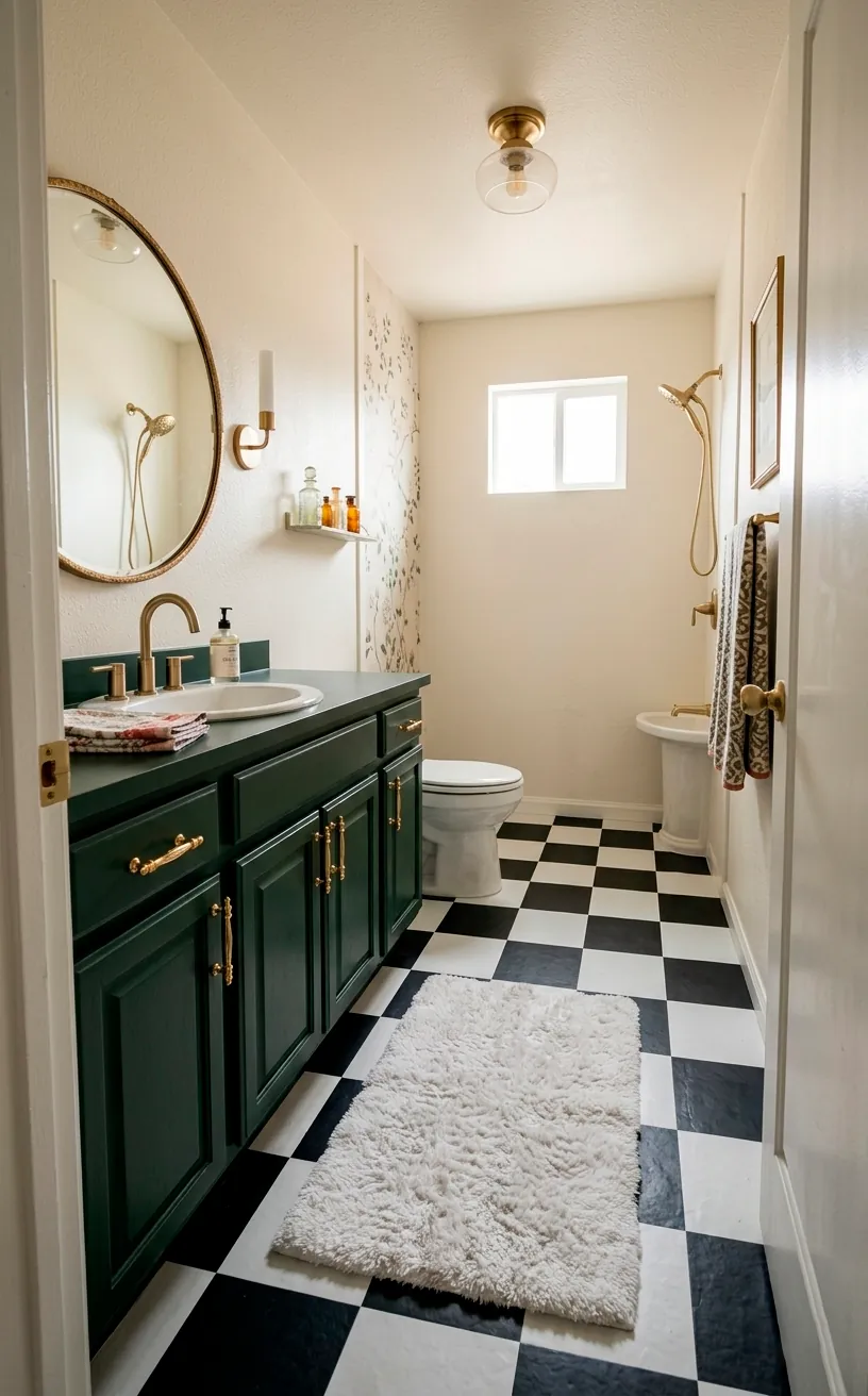 Modern bathroom with checkerboard peel and stick tiles and dark green vanity.