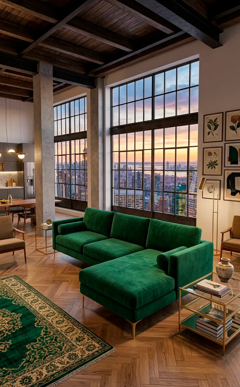 Large emerald green velvet sectional sofa with bolster pillows in a modern vintage loft.