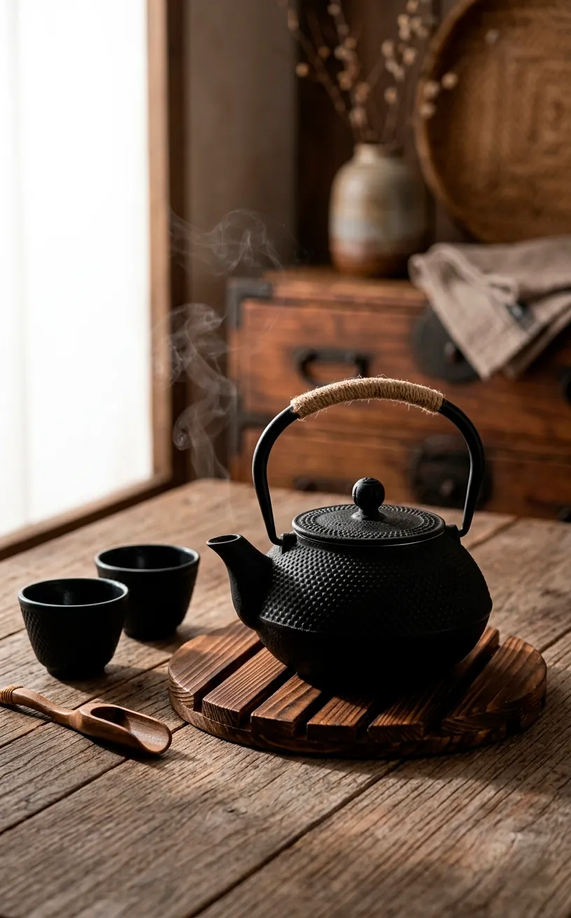 Matte black cast iron Japanese teapot and cups on a wooden table.