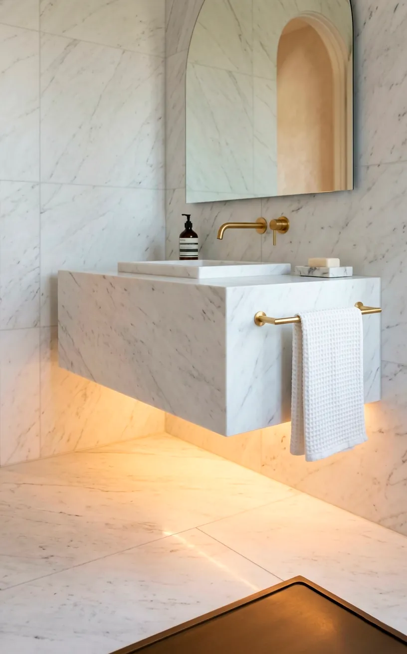 Minimalist floating marble vanity with under-cabinet lighting and gold hardware.