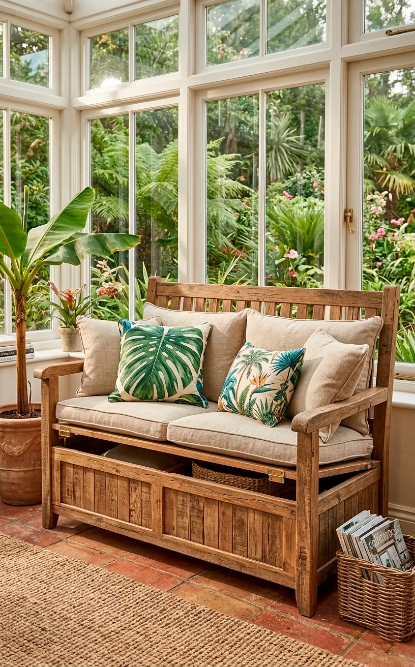 Rustic wooden storage bench loveseat with neutral cushions and colorful tropical accent pillows.
