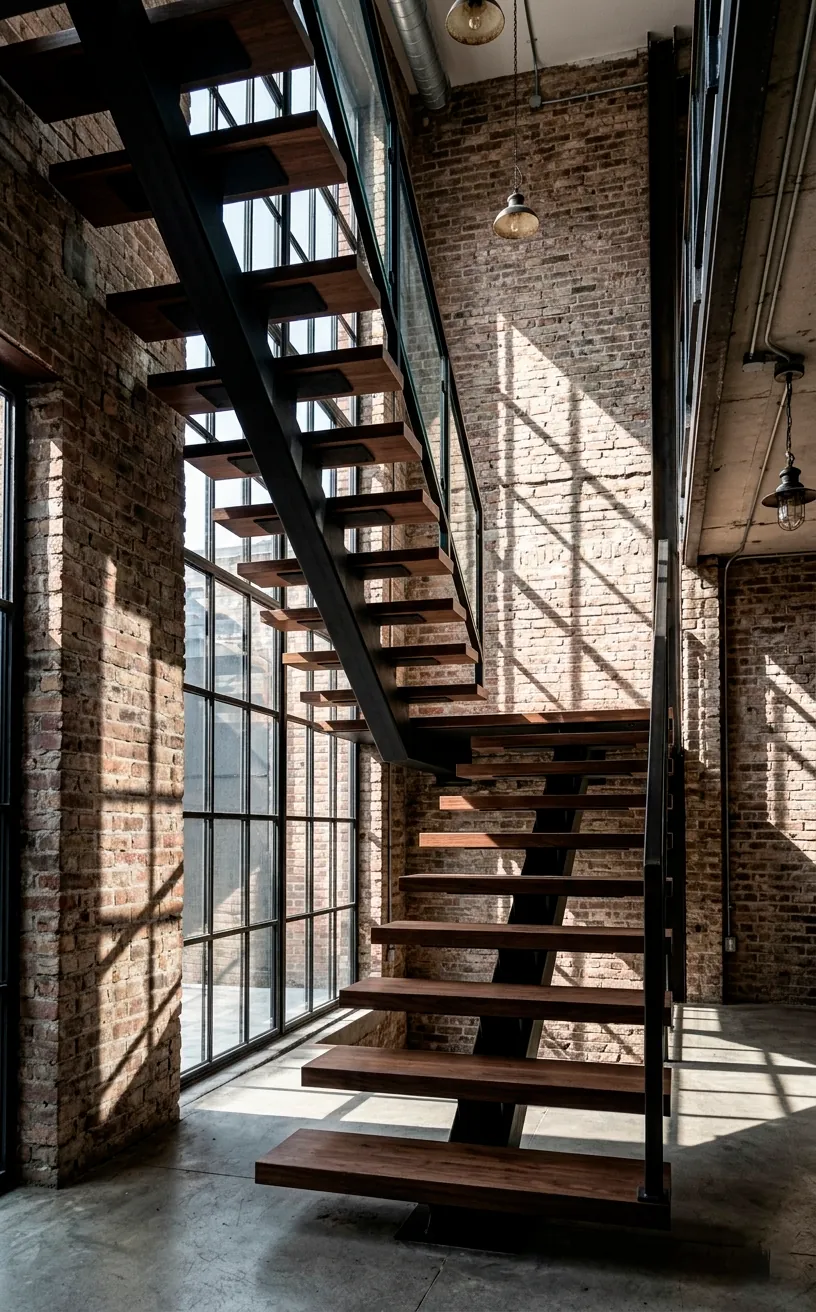 Industrial mono-stringer floating staircase with black steel beam and dark wood treads.