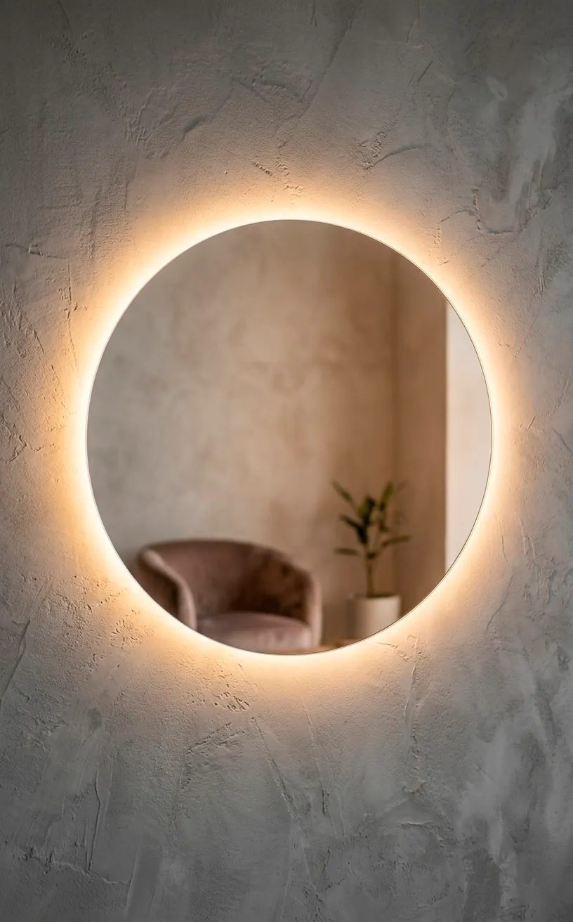 Oversized round frameless mirror with back-lit warm LED strip halo on a plaster wall.