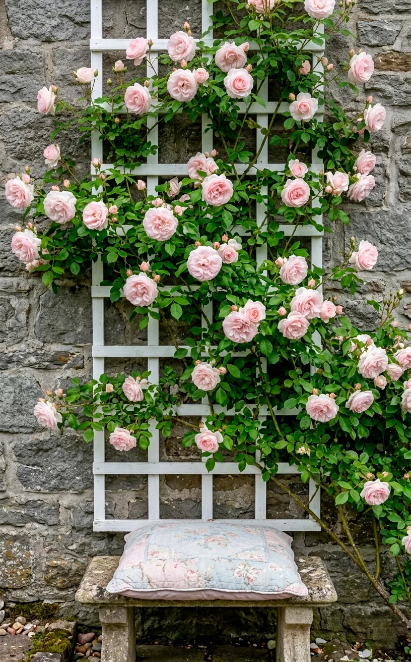 Climbing pale pink roses on a white trellis against a stone garden wall.