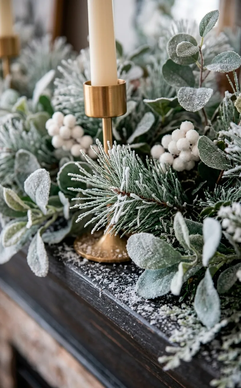 Frosted eucalyptus and white berries tucked into a winter mantel display.