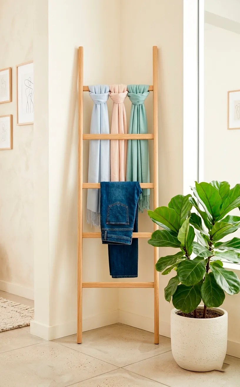 Minimalist oak leaning ladder rack with scarves and denim in a bright interior corner.