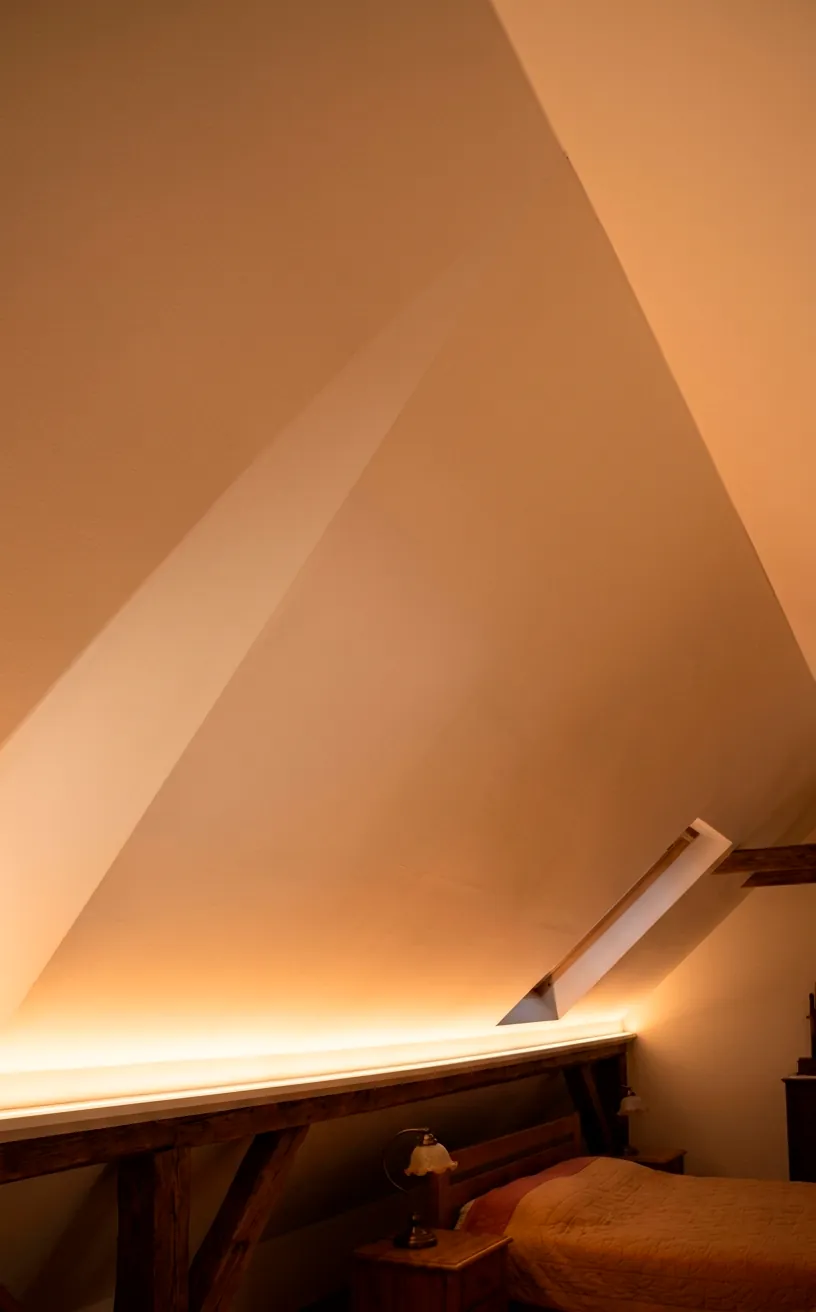 Warm LED cove lighting illuminating a cream sloped ceiling in a cozy attic.