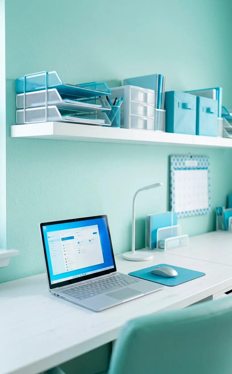 Vertical view of a mint green office wall with white and blue organizers, creating a cool vibe.