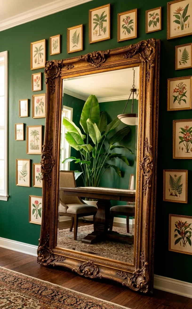 Ornate antique gold mirror on a green wall reflecting a large indoor Bird of Paradise plant.