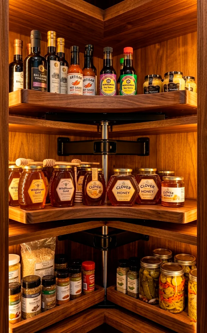 Corner pantry cabinet with a wooden Lazy Susan rotating shelf filled with condiments and jars.