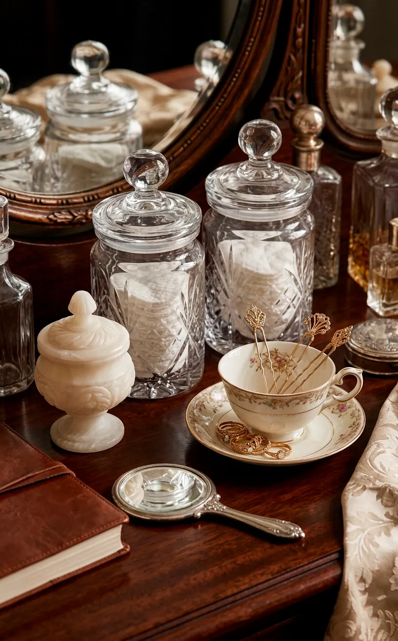 Vintage crystal apothecary jars and an antique porcelain teacup holding fine jewelry on a table.