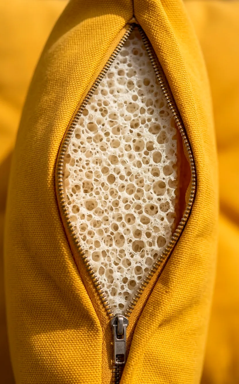 Partially unzipped mustard yellow outdoor cushion revealing a fast-drying open-cell foam insert.