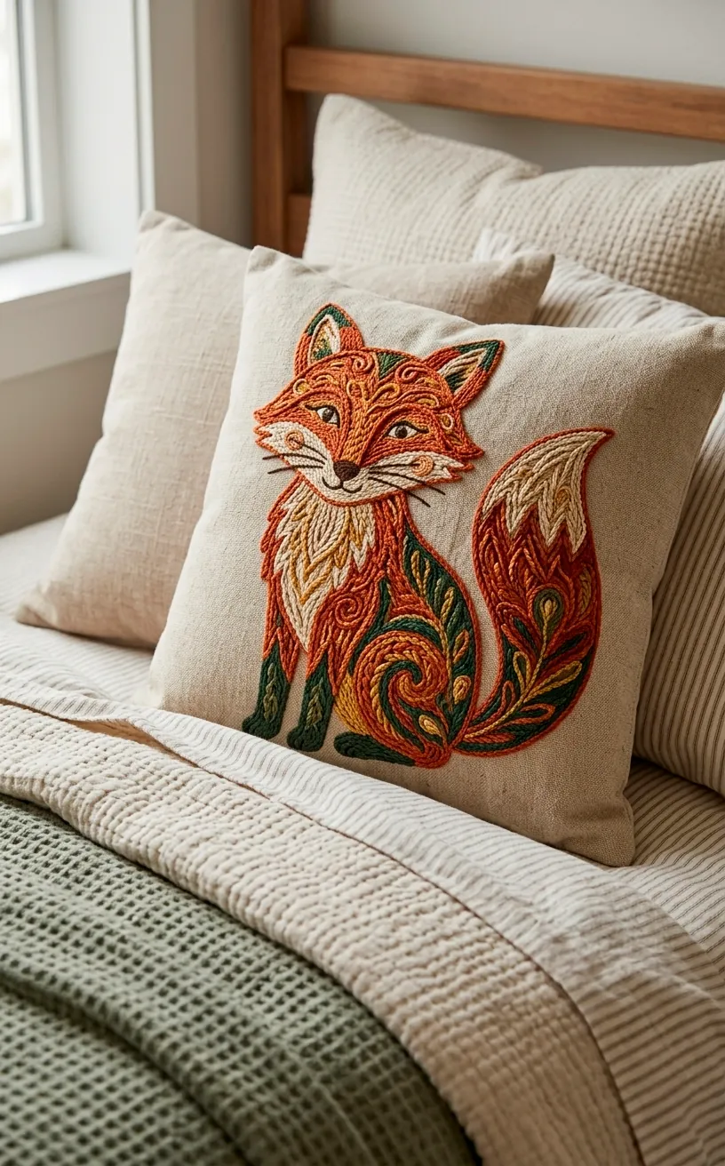 Close up of an embroidered animal throw pillow with detailed chain stitched fox on canvas.