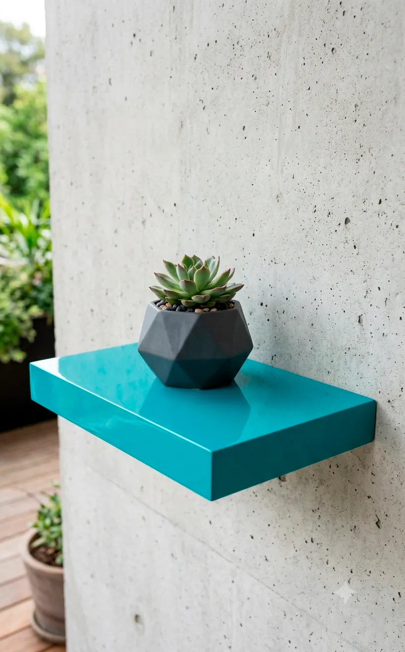 Bright high gloss teal floating shelf with a charcoal gray planter on a minimalist small front porch.