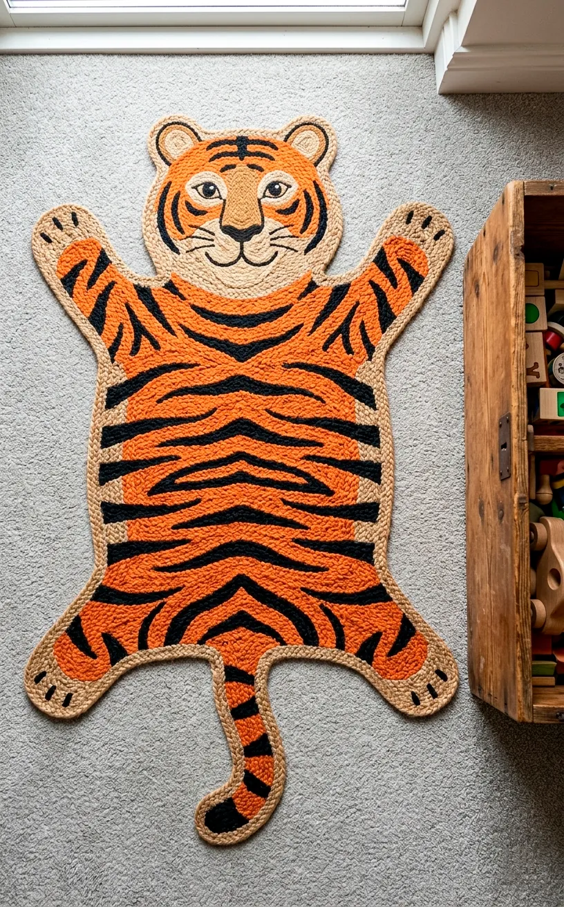 Tiger shaped jute rug with orange and black stripes on a nursery floor.