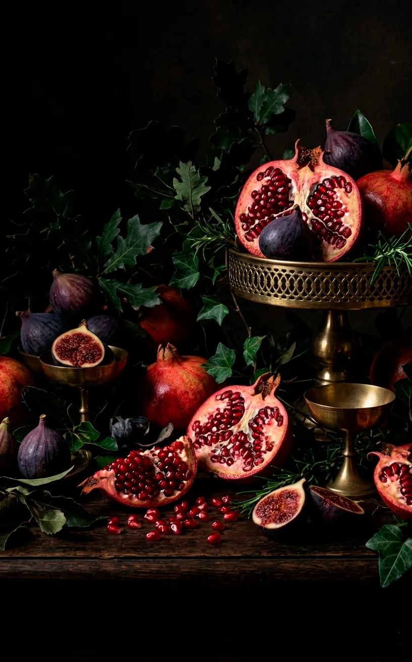 Fresh pomegranates and figs scattered on a dark moody table.
