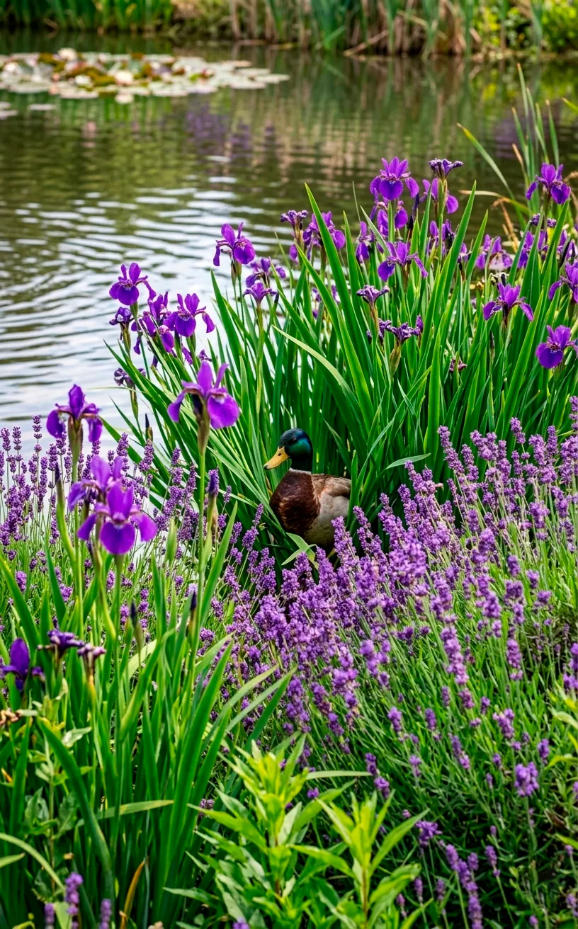 Purple water irises and lavender at the edge of a duck pond.