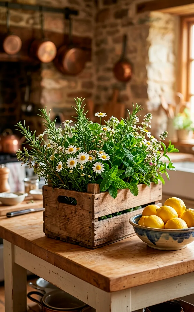 A herb-infused bouquet with rosemary, mint, and daisies in a wooden crate.