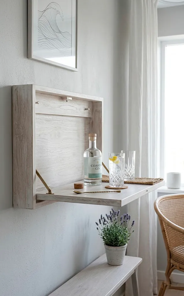 A wall-mounted fold-down bar made of whitewashed teak in a minimalist coastal apartment.