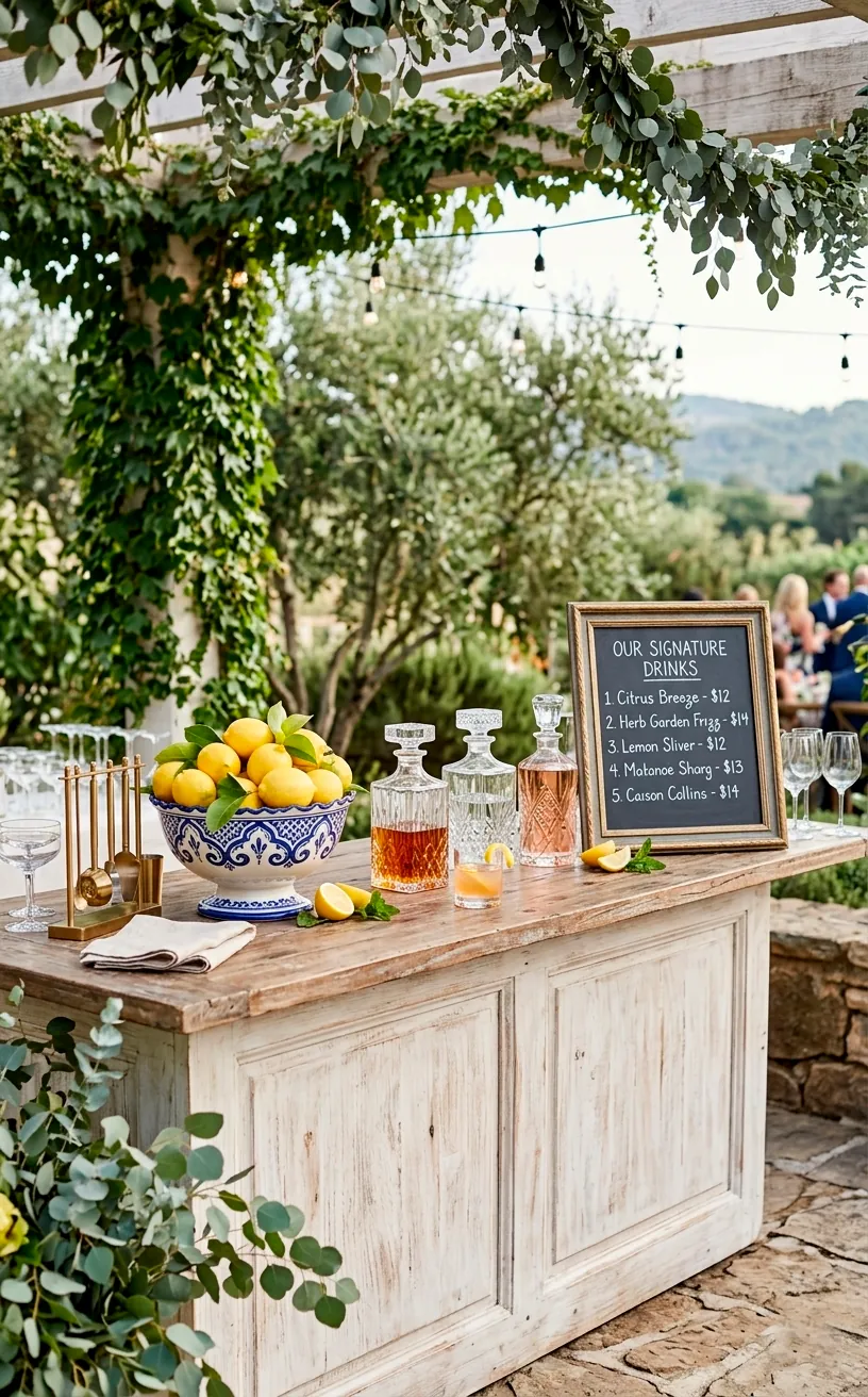 An elegant weathered white wood outdoor bar setup with crystal decanters and custom menu.