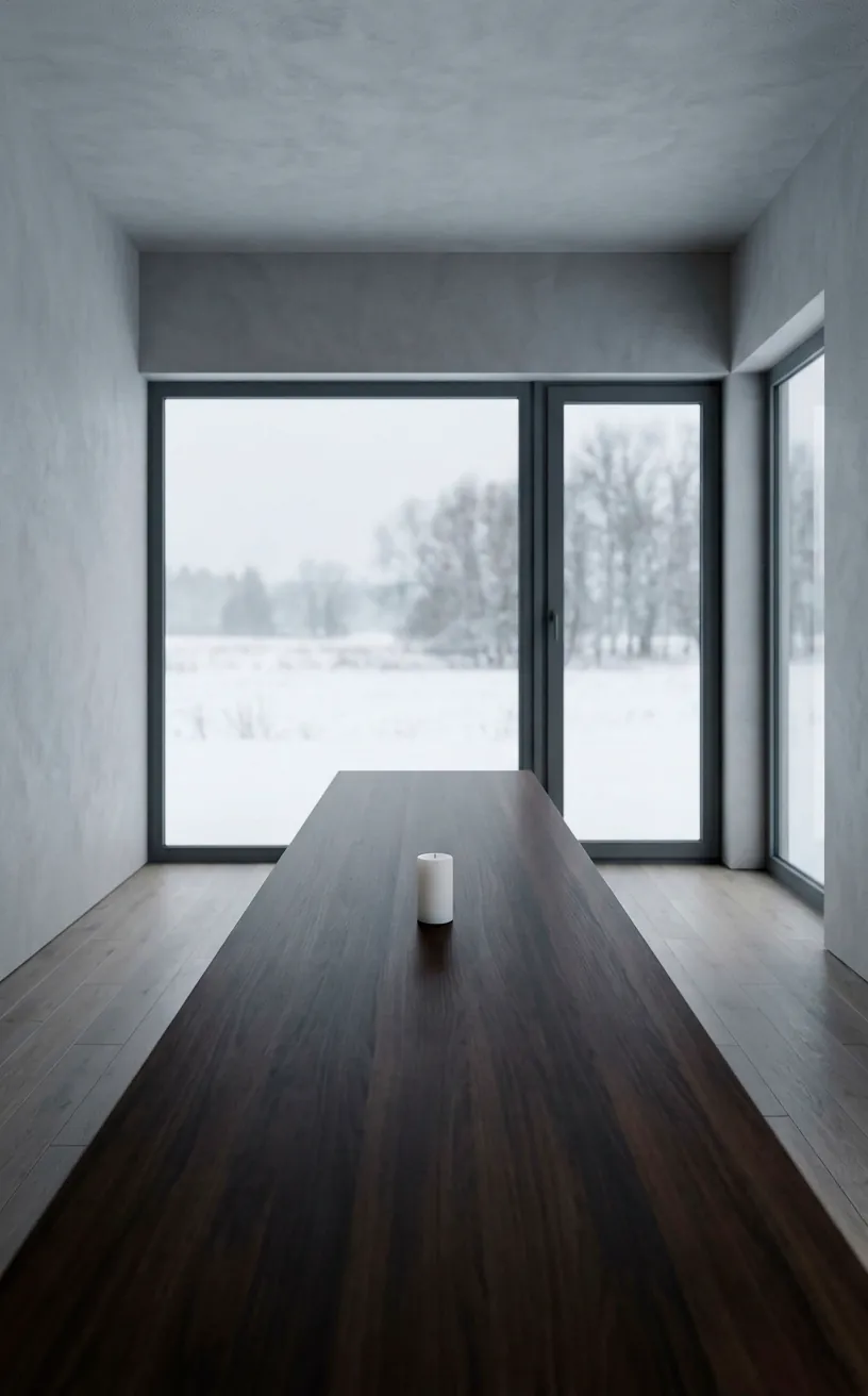 Minimalist dining room with negative space and a single white pillar candle.