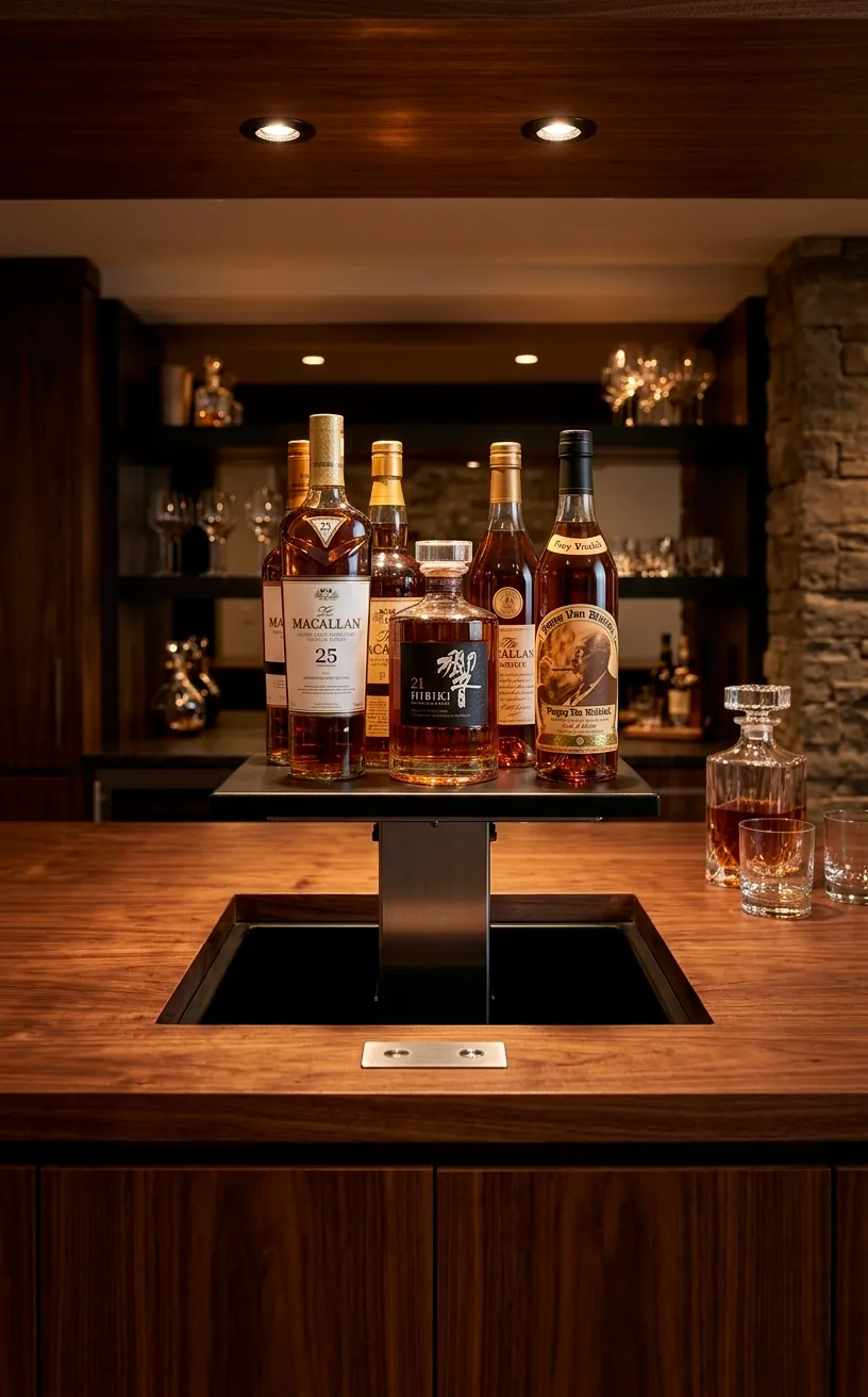 Motorized liquor lift mechanism elevating top-shelf whiskey bottles from a luxury walnut countertop.