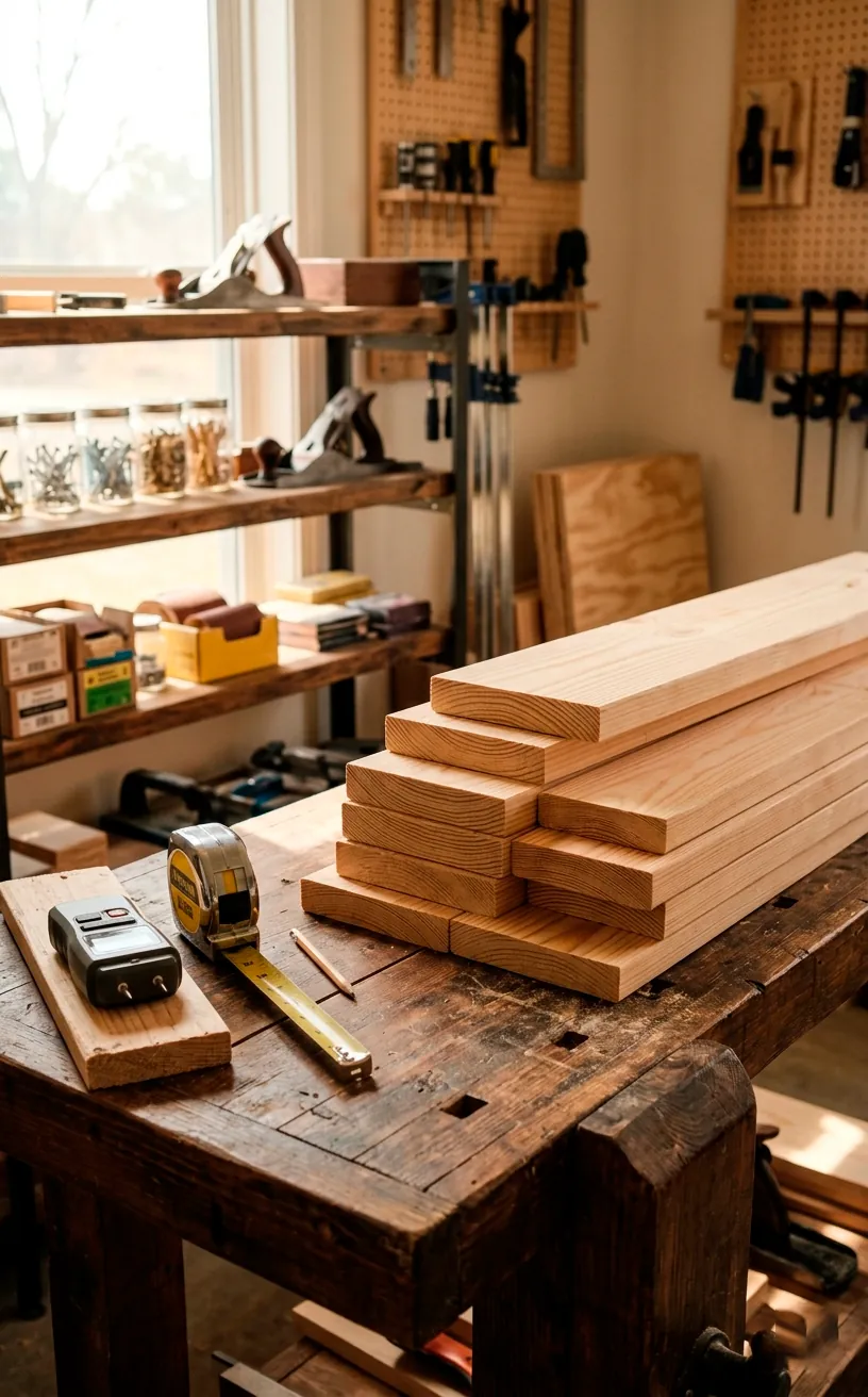 Premium clean pine lumber boards and tools laid out on a workbench in a sunlit woodworking studio.