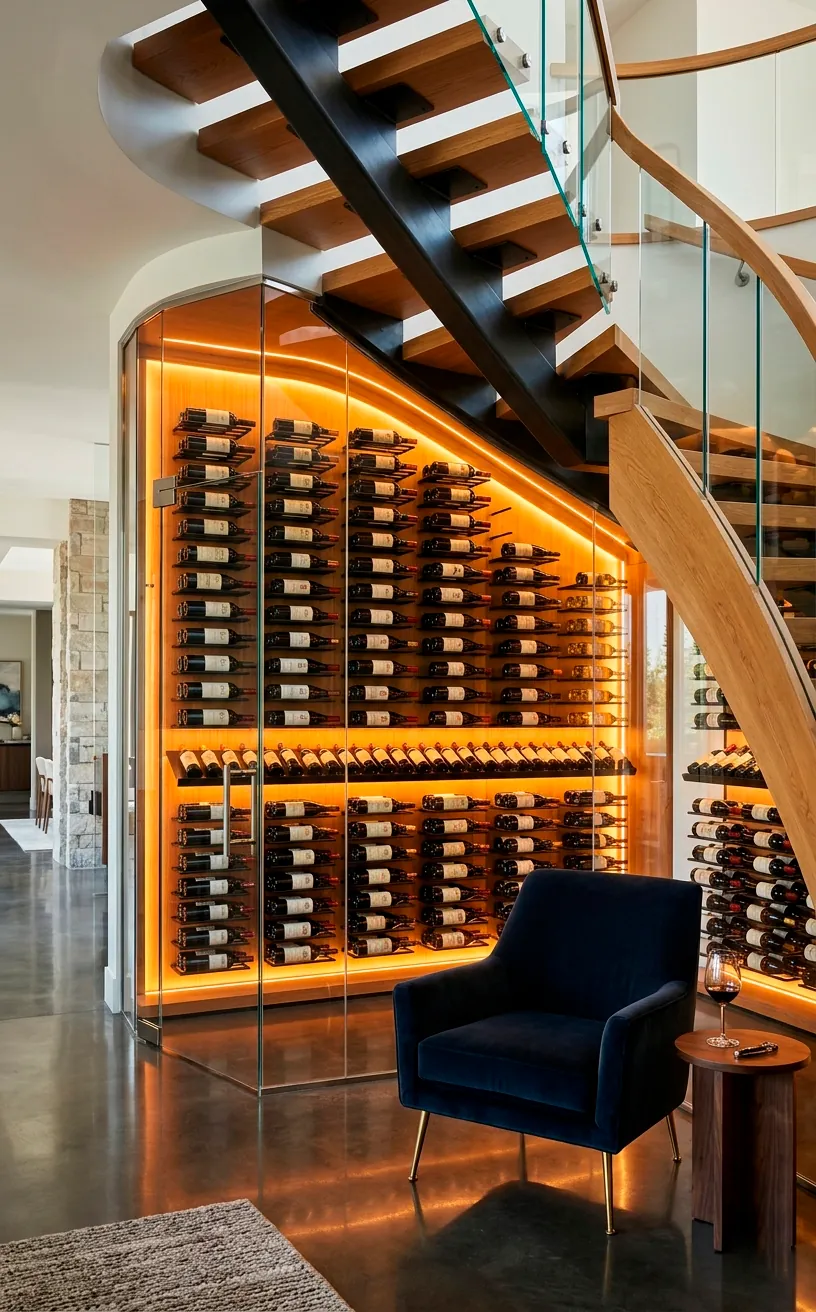 Frameless glass enclosed wine cellar under a modern staircase with floating bottles and amber lighting