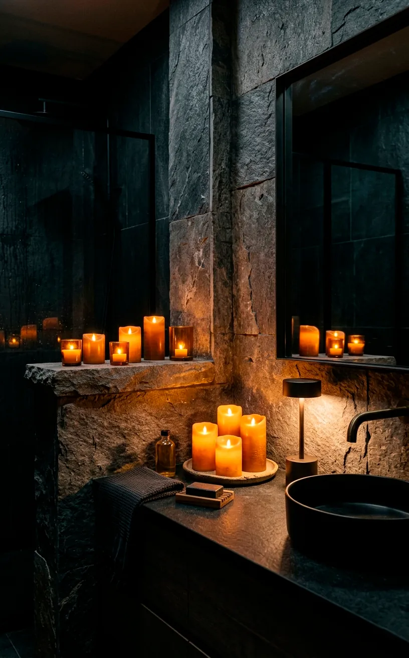 Moody modern bathroom corner illuminated by amber flameless candles and soft LED accent lighting.