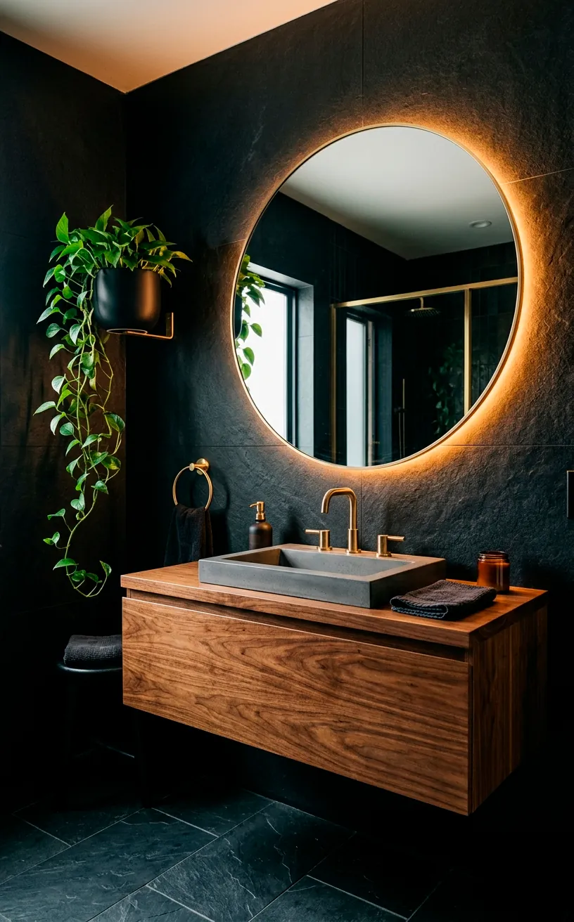 Scroll-stopping moody bathroom with matte obsidian walls and a glowing backlit circular mirror over a walnut vanity.