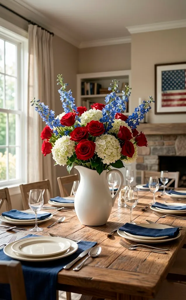 Elegant patriotic floral centerpiece with red roses and blue delphiniums in a white pitcher.