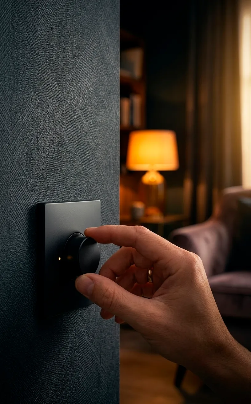 Hand adjusting a modern black dimmer switch on a dark wall with warm ambient living room bokeh.